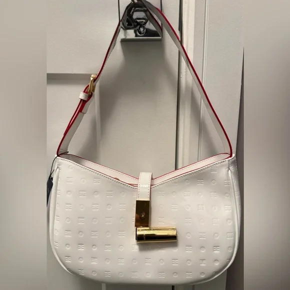Arcadia Stunning White Patent Leather W/Red Trim Shoulder Bag W/Gold-Tone NWT - Picture 3 of 16